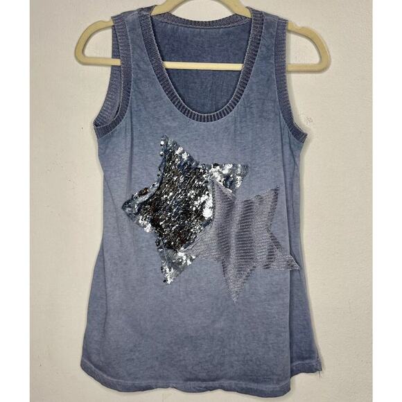 Gray Blue Knit Sleeveless Scoop Neck Tank Top 2 Stars One Silver Sequined Med - Picture 1 of 10